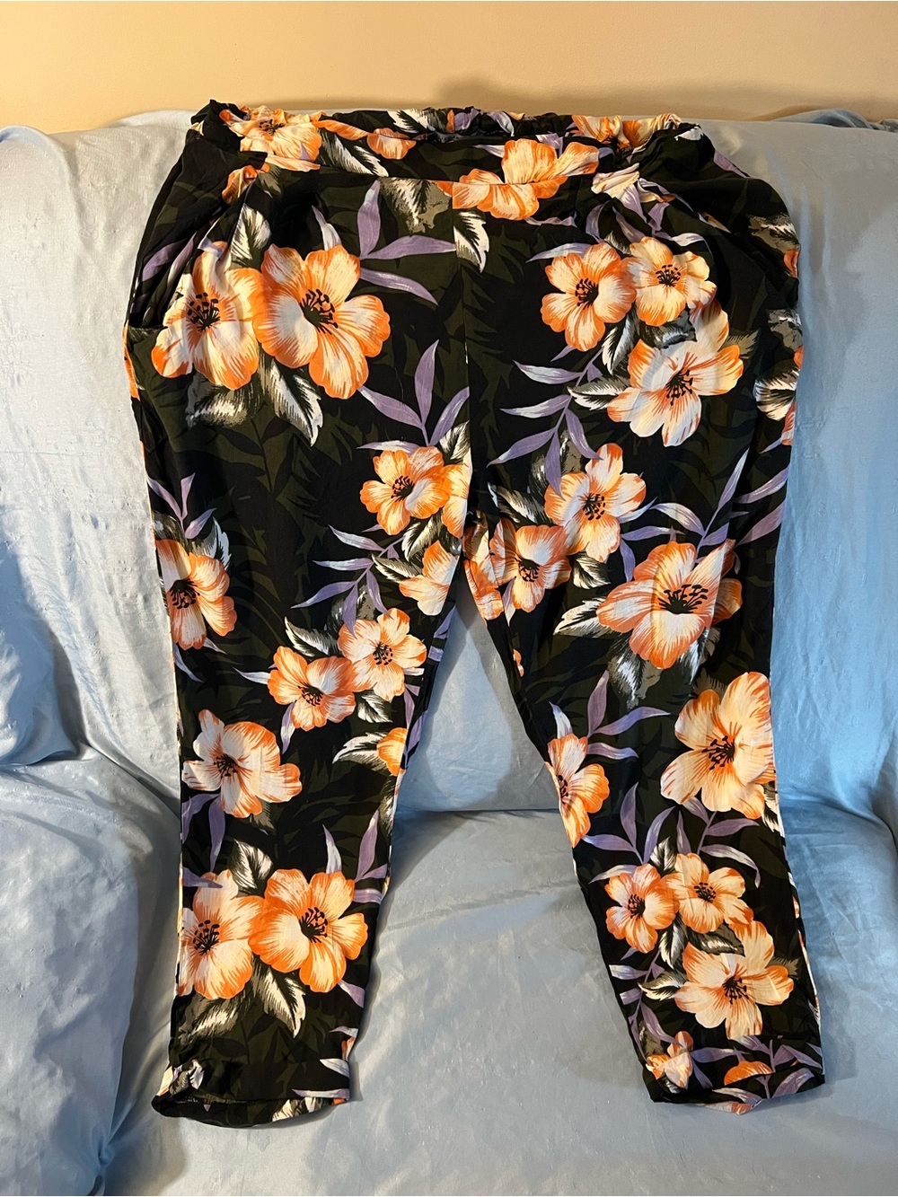 Cotton On Black Floral Pants with Orange and Purple Blooms